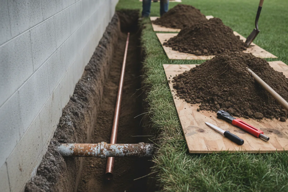 Excavated water line trench during Sewer Line Repair in Kyle